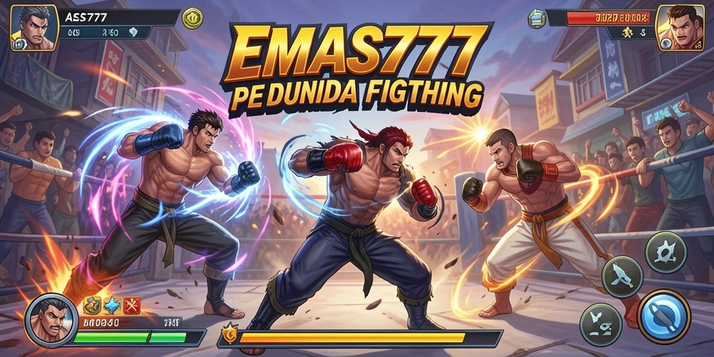 Screenshot EMAS777 menampilkan karakter dalam pertarungan seru.