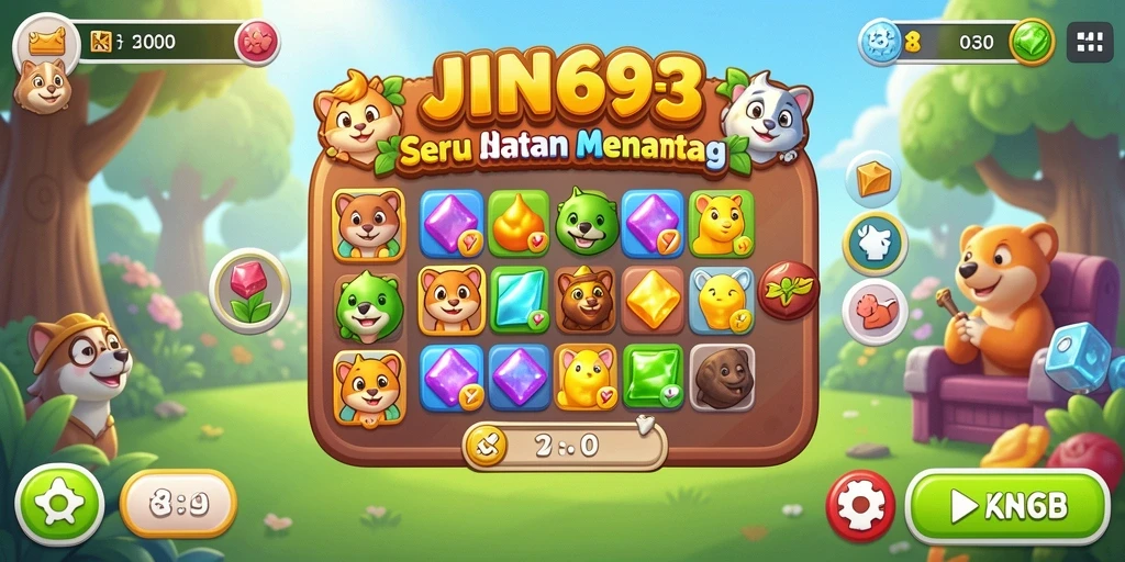 Tampilan gameplay JIN69 dengan berbagai permata berwarna-warni dan tantangan Match-3.