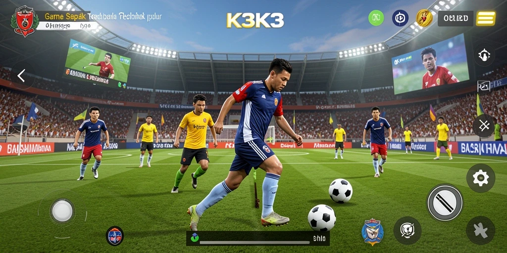 Tampilan gameplay K3K3 yang mendebarkan dengan aksi sepak bola nyata.