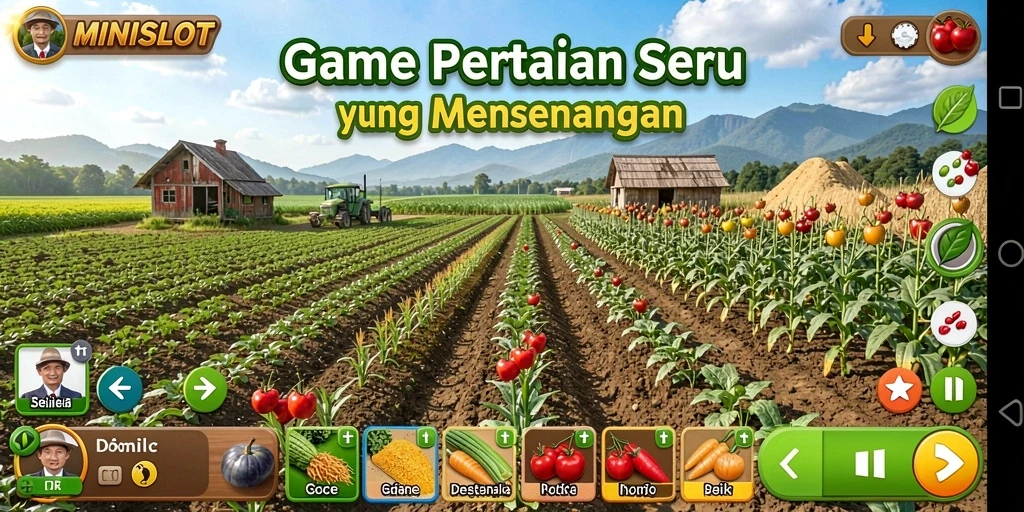 Tampilan gameplay MINISLOT yang menarik dengan ladang berwarna-warni.